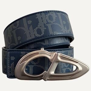Christian Dior Oblique AOP Reversible Calfskin Leather Belt Silver HW Italy